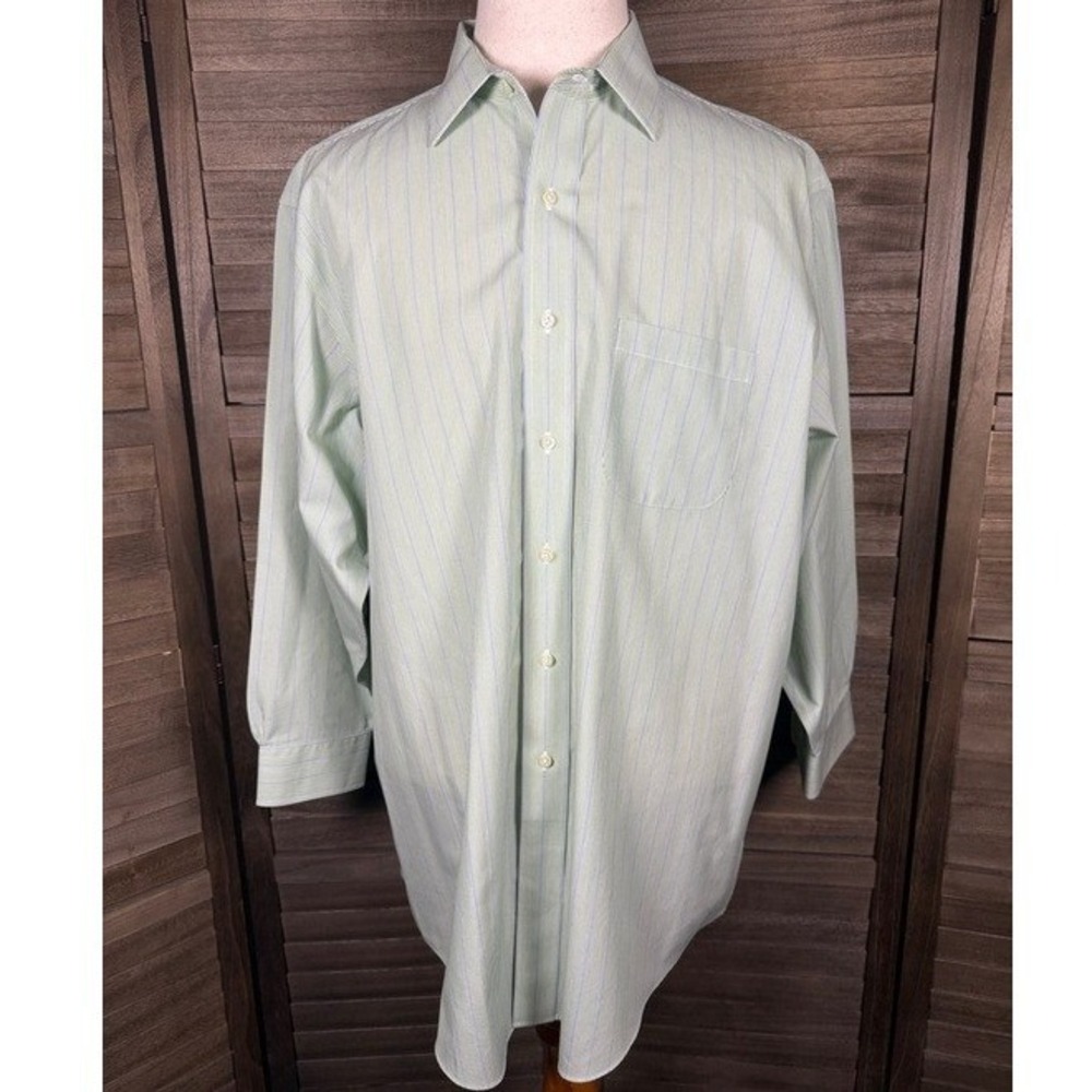 Brooks Brothers 346 Mens 17.5 2/3 Non-Iron Cotton Pinstripe Dress Shirt Green - Picture 3 of 9